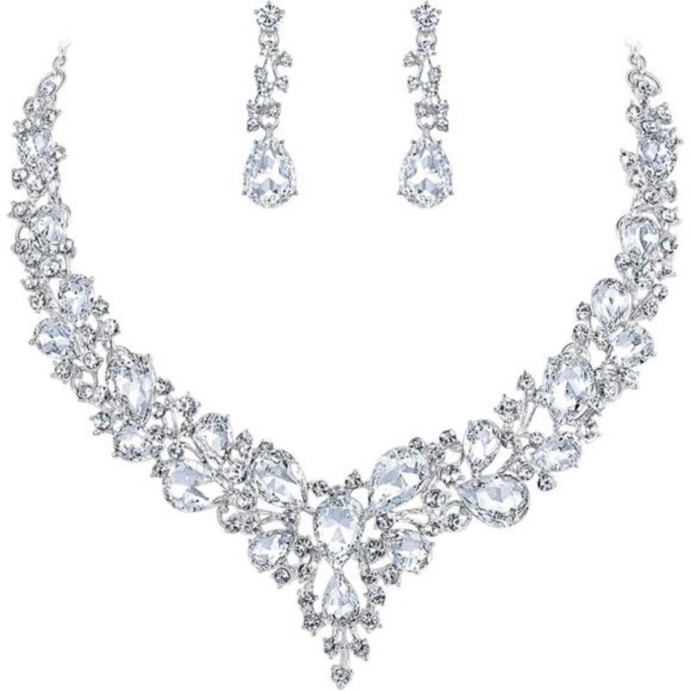 Women’s Austrian Crystal Teardrop Statement Necklace & Earrings Set new